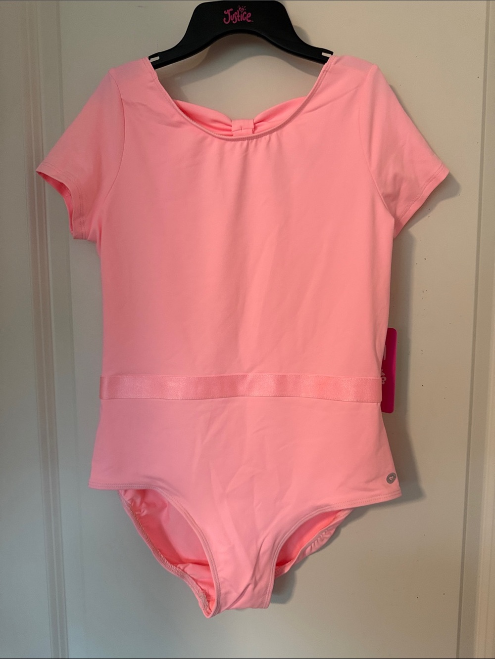 Girl Justice dance- Gym Pink Short Sleeve One-Piece Bodysuit with Waist Ribbon